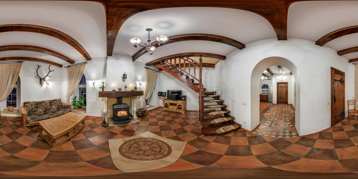 GRODNO, BELARUS - March 13, 2013: Full 360 degree equirectangular spherical panorama in the stylish room in medieval style with fireplace