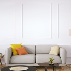 Room with Scandinavian Cozy Sofa, Side Tables and Wooden Floors, Empty Walls with Modern Fretwork