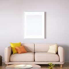 Room with Scandinavian Cozy Sofa, Side Tables and Wooden Floors, Empty Walls with Frame