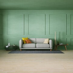 Room with Scandinavian Cozy Sofa, Side Tables and Wooden Floors, Empty Green Walls with Frame
