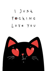 Fototapeta premium Sarcastic Valentine s day greeting card with black cat. Happy valentines day. Vector illustration EPS 10
