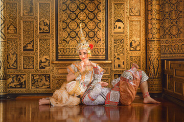 Khon is traditional dance drama art of Thai classical masked.Art culture Thailand Dancing in masked khon in literature Ramayana,Thailand.