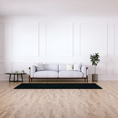 Room with Mid Century Elegant Sofa, Side Tables and Wooden Floors, Empty Walls with Frame