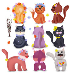 Cute cats in different poses with colorful flowers. Domestic, funny cats on white background. Colorful cats and Spring flowers. Vector icons