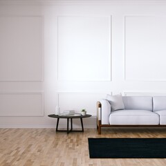 Fototapeta na wymiar Room with Mid Century Elegant Sofa, Side Tables and Wooden Floors, Empty Walls with Frame