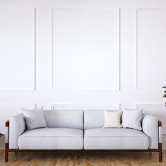 Room with Mid Century Elegant Sofa, Side Tables and Wooden Floors, Empty Walls with Frame