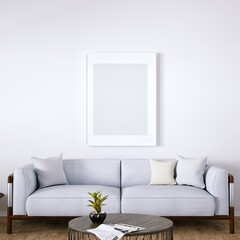 Room with Mid Century Elegant Sofa, Side Tables and Wooden Floors, Empty Walls with Frame