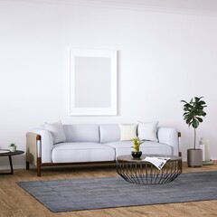 Room with Mid Century Elegant Sofa, Side Tables and Wooden Floors, Empty Walls with Frame