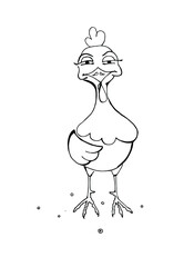 Funny chicken, vector illustration, hand-drawn cartoon style. A character object for the design of Easter products, prints on fabric, book illustration.