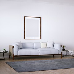 Room with Mid Century Elegant Sofa, Side Tables and Wooden Floors, Empty Walls with Frame