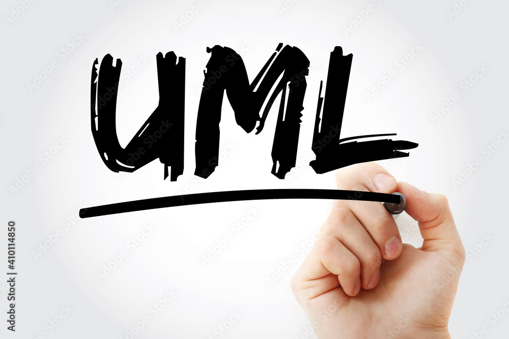 Aufkleber uml - unified modeling language acronym with marker, technology concept background