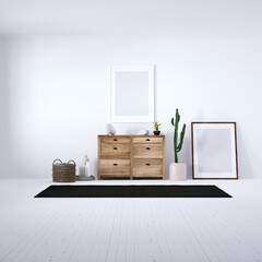 Room with Scandinavian Dresser, Modern Vases and Wooden White Plank Floors, Empty Frame Over Dresser