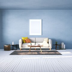 Room with Scandinavian Cozy Sofa, Side Tables and Wooden White Planks Floors, Empty Blue Walls with Frame