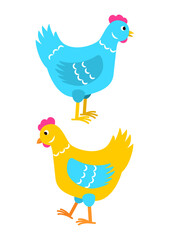 Colored hens isolated on white - color cartoon chicken - domestic bird - cute characters for funny Easter design