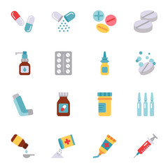 Pharmaceutical drugs, pills capsules and bottles flat icons vector set medical.