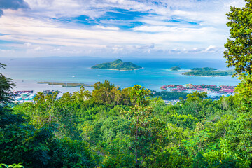Fototapeta na wymiar A view on Saint Anne Marine National Park and Eden island from a road on Mahe island in Seychelles