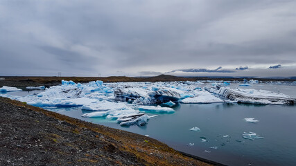 Travel to Iceland. Beautiful cold landscape. Jokulsarlon glacier lagoon.
