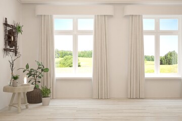 White empty room with summer landscape in window. Scandinavian interior design. 3D illustration