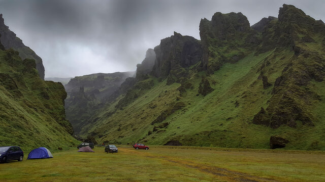Travel to Iceland. Amazing landscape. Kerlingardalsvegur, Thakgil Campground in Iceland.