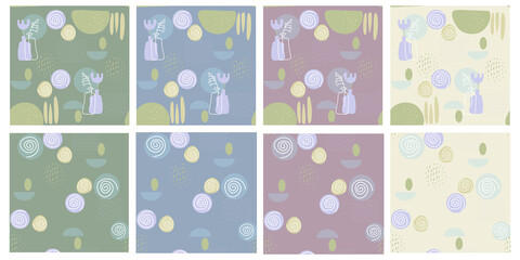 A set of stylish vector seamless patterns in pastel colors. Natural abstract shapes and natural botanical elements. The concept of balance, harmony and ecology