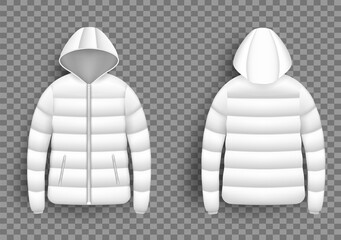 White puffer jacket mockup set, vector illustration isolated on transparent background. Realistic modern hooded down jacket, padded coat, front and back view. © Siberian Art