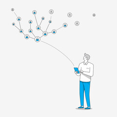 Man connected to social network, finding new contacts. Internet of things concept. Linear style illustration.