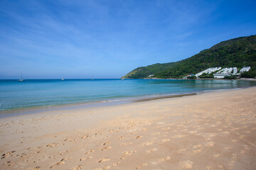 Beautiful nature of the Andaman Sea and white sand beach in the morning at Patong Beach.