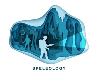 Speleology. Spelunker and bat silhouettes in underground cave, vector illustration in paper art style. Extreme exploration, scientific study of caves. Sport tourism.