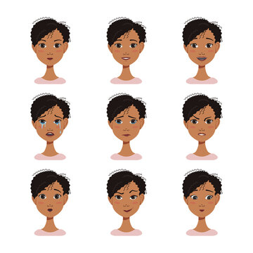 Set Of Facial Expressions Avatars Of African American Woman With Different Emotions