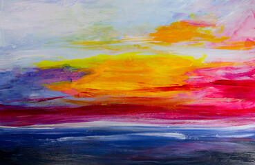 Fototapeta na wymiar Abstract acrylic background sunset on the sea. Hand-drawn illustration of a yellow sun setting in a blue sea. Texture of acrylic paint.