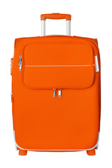 Orange fabric travel suitcase with zipper, handle, lock white background isolated close up front view, large red cloth baggage case, big textile luggage trolley bag, summer holidays, tourism, vacation