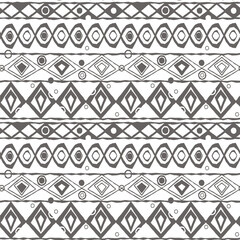 Gray seamless geometric endless pattern of curved circles, arcs, rhombuses, triangles. Ethnic motives on white background