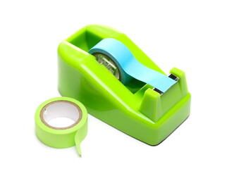 Tape holder, dispenser with colorful tape roll isolated on white background
