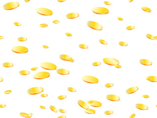 Golden coins seamless pattern. Flying gold coins on a white background, a lot of money. Background for printing on paper, advertising materials and fabric. Vector illustration