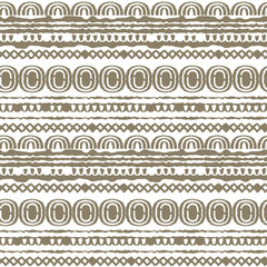 Brown white abstract seamless repeat endless pattern. Ovals, semicircles, rainbows, lines, dots, circles and other shapes. Rough curved lines, hand drawn emulation effect
