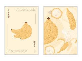 Ripe and peeled bananas cards design. Sweet banana fruits vector hand drawn poster concept.