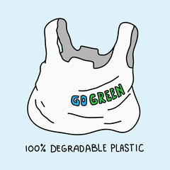 Degradable plastic bag, go green eco friendly concept, hand drawn vector doodle of a degradable plastic grocery bag, isolated on blue background.
