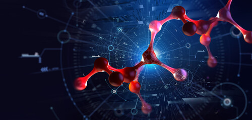 Genome structure. Medical research and Internet technologies. Nanotechnology in action. Molecule 3D illustration. Lab of the future and collecting global data