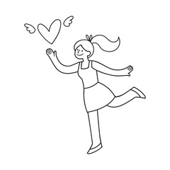 Hand-drawn female character running with heart symbol. Doodle style art for greeting card. Isolated outline vector illustration for  template, social media, or web banner. Concept of romantic emotion.