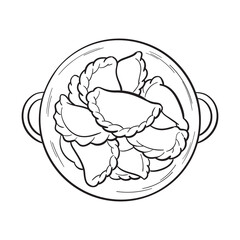 Hand-drawn vector sketch of vareniki view from top. National dish from dough and meat. Line art illustration of dumplings in the plate, isolated on white background.