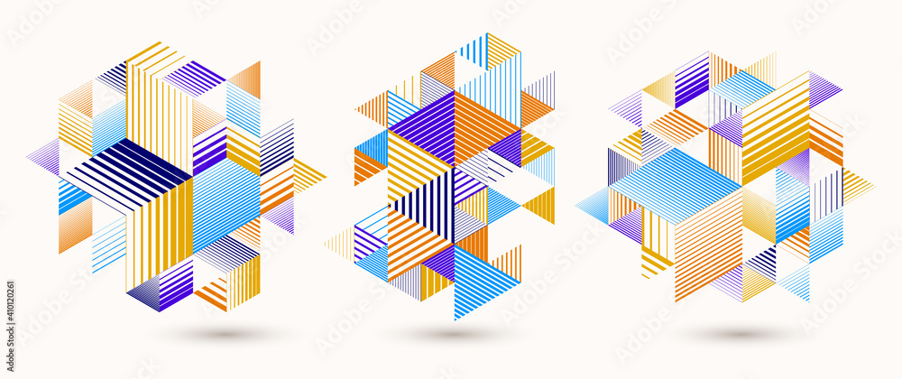Poster abstract polygonal backgrounds with stripy triangles and 3d cubes vector designs set. templates for 