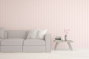 Pink living room with sofa. Scandinavian interior design. 3D illustration