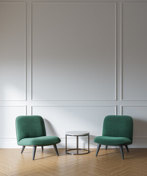 Simple modern classic interior with green armchairs, white wall and wood floor. Mock up copy space.