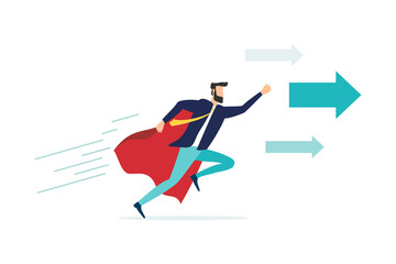 Leadership in business concept. Business man character flying with a cloak. Arrow, achievement, motivation, ambition. EPS10 vector illustration.