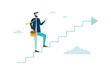 Successful man office worker character running upstairs to career stairs. Business strategy leader success business development start up concept. Vector flat cartoon graphic design illustration