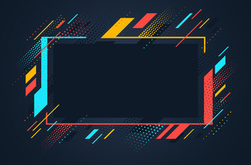 Artistic colorful frame with different elements over dark, vector abstract background art style bright shiny colors, geometric design.