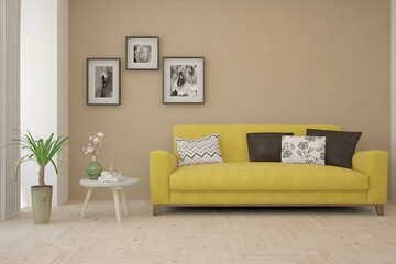 Brown living room with yellow, sofa. Scandinavian interior design. 3D illustration