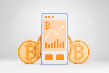 Smartphone with cryptocurrency trading application over white background with three bitcoins.