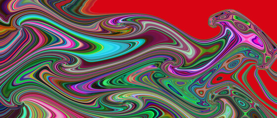 multicolored chaotic wavy lines on a red background. Motley background. Tangled fluorescent pattern. Panoramic backdrop.