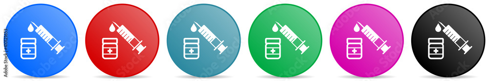 Poster Vaccine, syringe vector icons, set of circle gradient buttons in 6 colors options for webdesign and mobile applications
